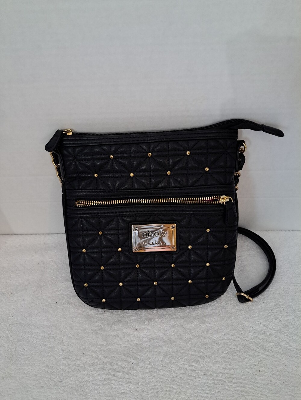 Nicole Miller Black Quilted Crossbody with Gold Accents